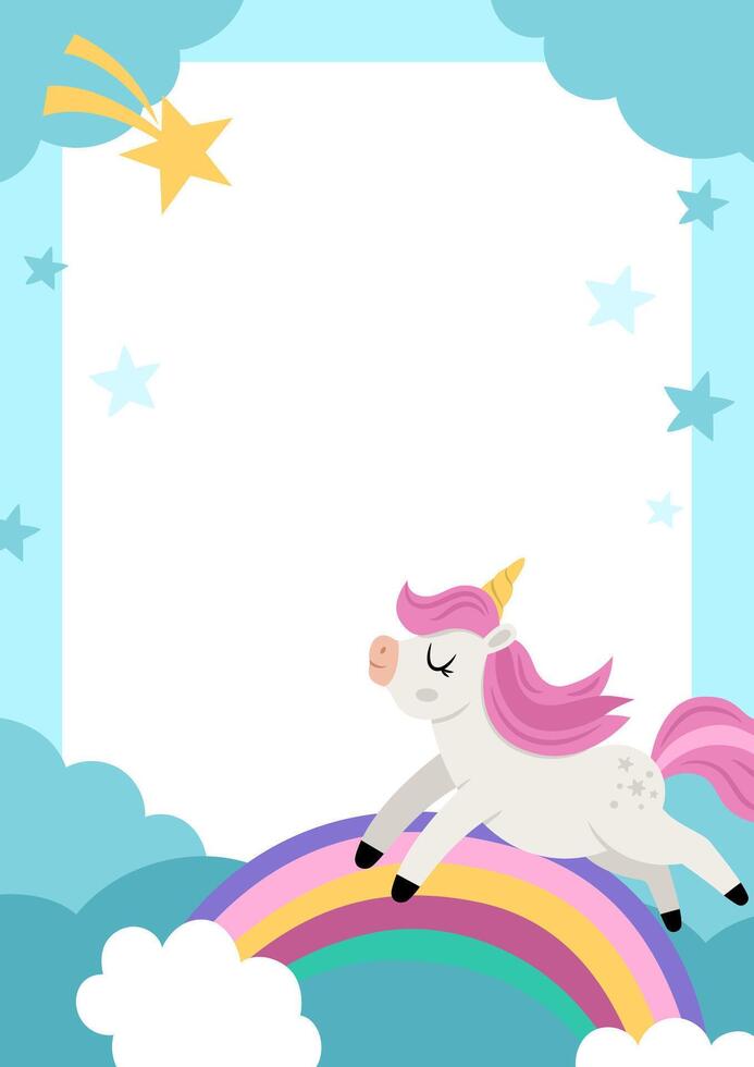 Unicorn party greeting card template with cute rainbow, falling star, night landscape. Fairytale poster or invitation for kids. Bright magic or fantasy holiday vertical illustration vector