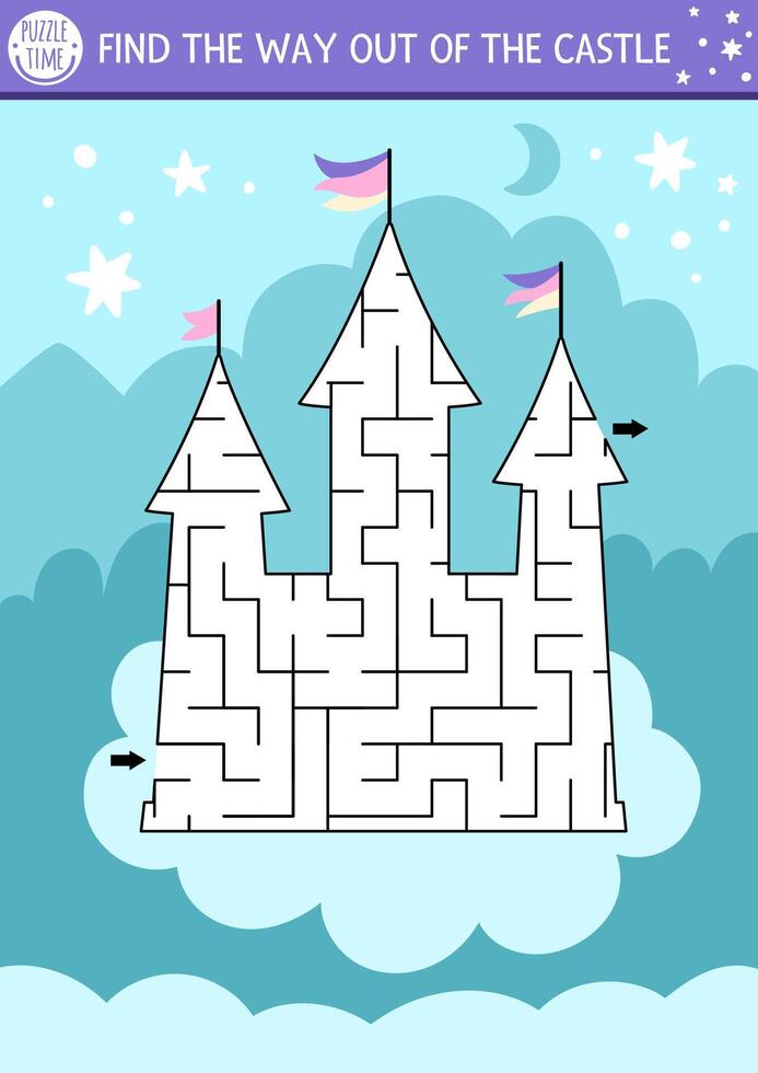 Fairytale geometrical maze for kids. Preschool printable activity shaped as unicorn castle on cloud and night sky background with stars and moon. Magic or fantasy labyrinth game puzzle vector