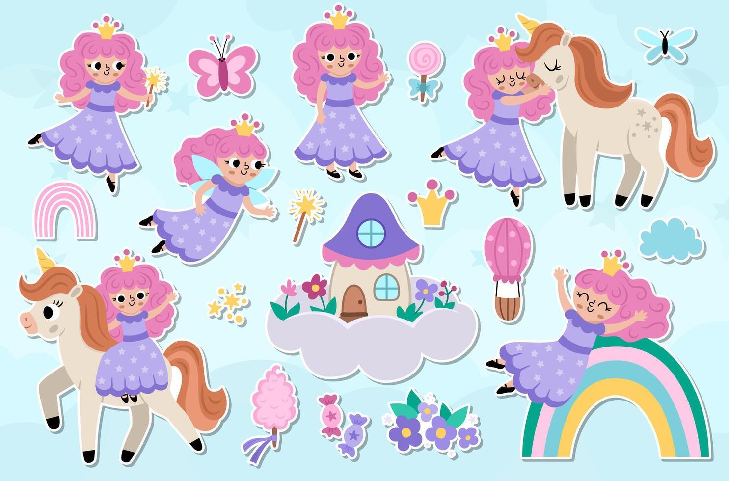 Big fairy stickers set. Fairytale patch icon collection with funny little princess, rainbow, unicorn, falling star. Cute flat magic fantasy world offset illustrations on blue abstract background vector