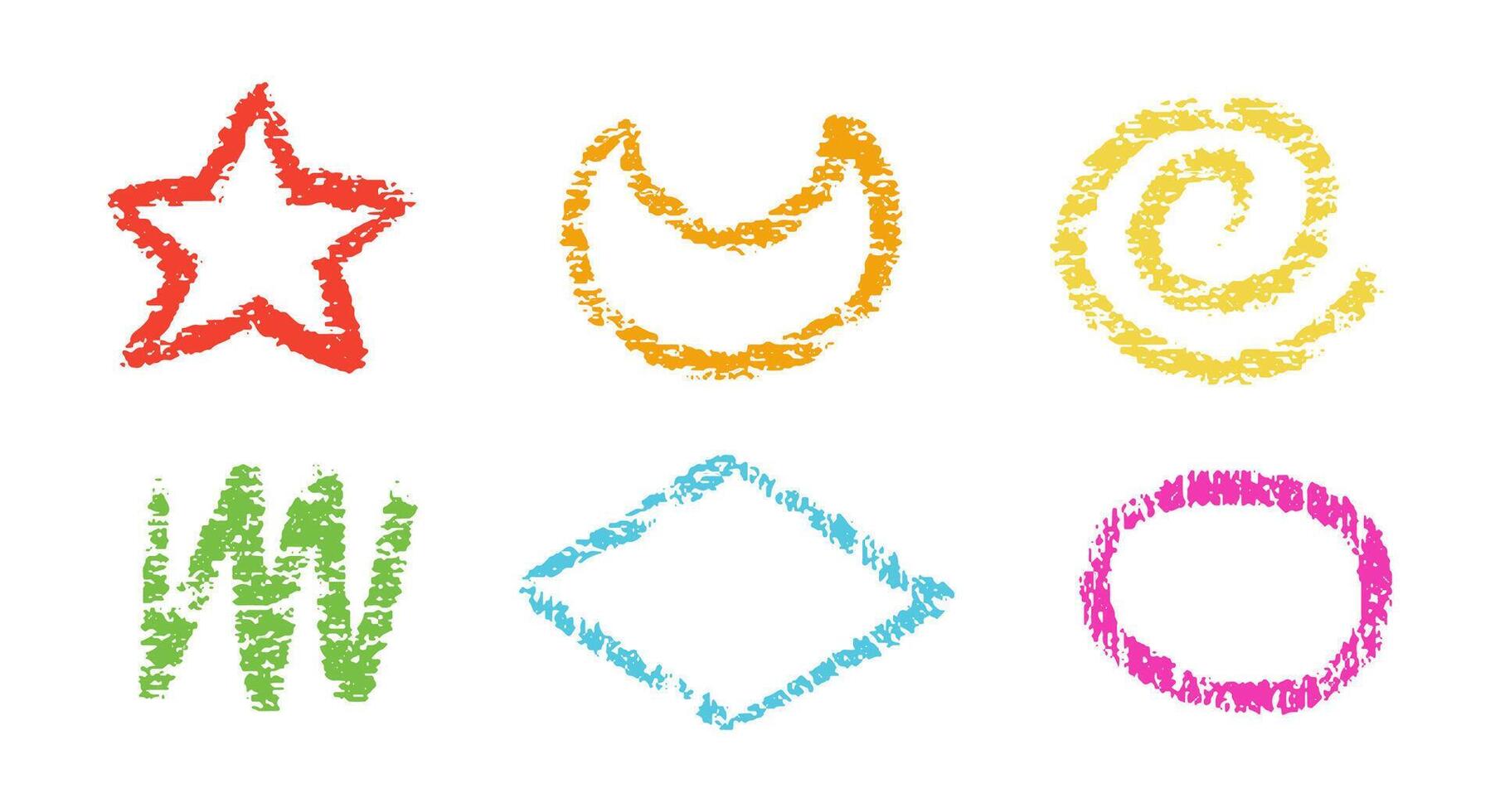 Charcoal color geometric shapes. Hand drawn kid pencil or crayon texture. Chalk geometric figures, rhombus, circle, spiral, zigzag, star and polygon in childish style. vector