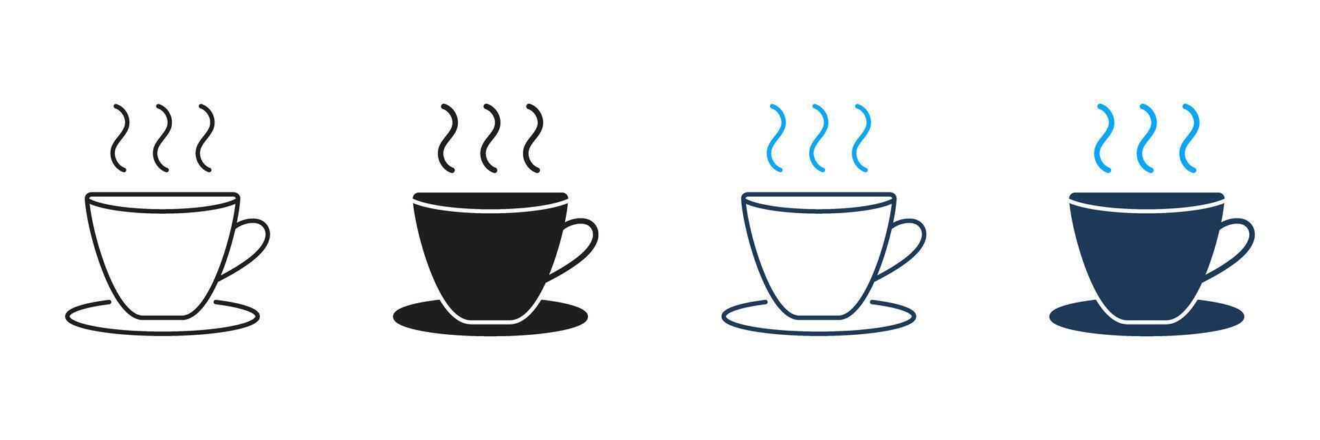 Steaming Cup on Saucer Line and Silhouette Icon Set. Hot Beverage Coffee or Tea Symbol. Warm Drink with Saucer. Editable Stroke. Isolated Illustration vector
