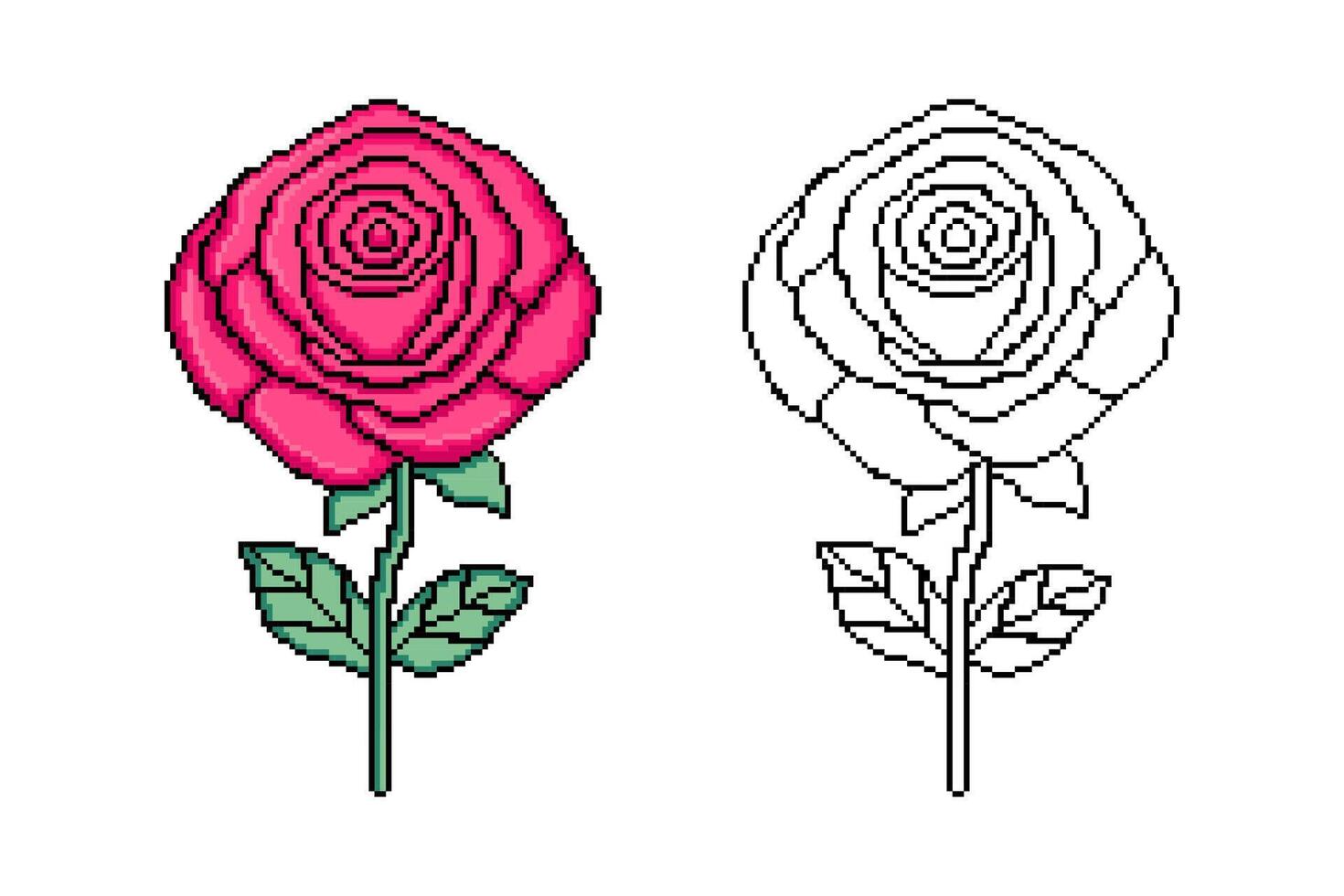 Rose flower in pixel art style on white background. vector