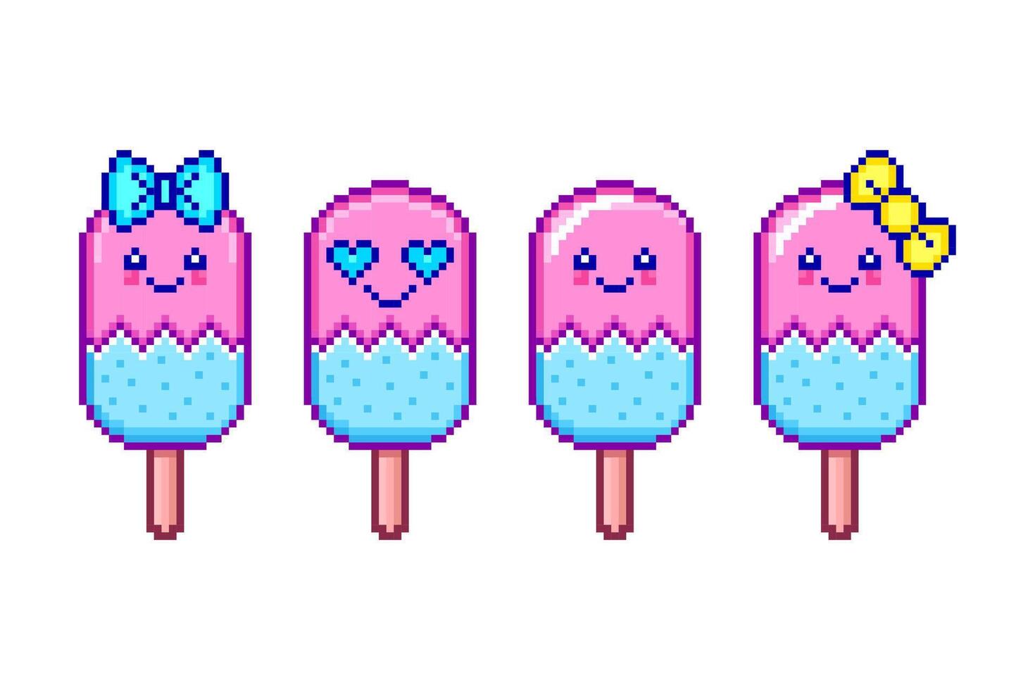Set of ice creams in pixel art style on white background. vector