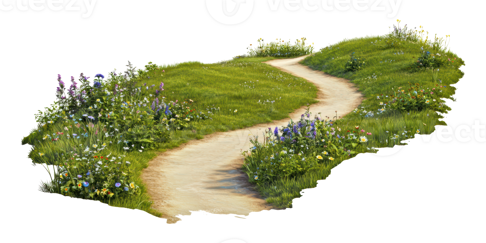 Winding dirt path through lush green meadow with wildflowers isolated on transparent background png