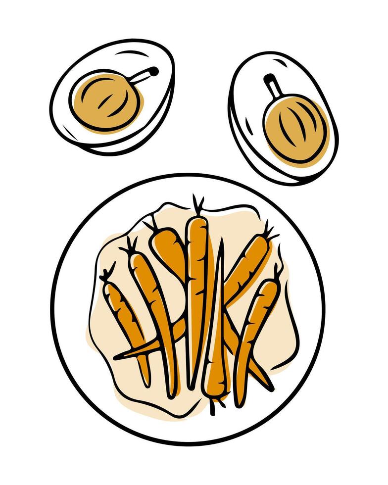 Illustration of a plate of glazed carrots with two eggs in separate dishes, featuring bold outlines and warm colors, perfect for culinary or healthy eating projects vector