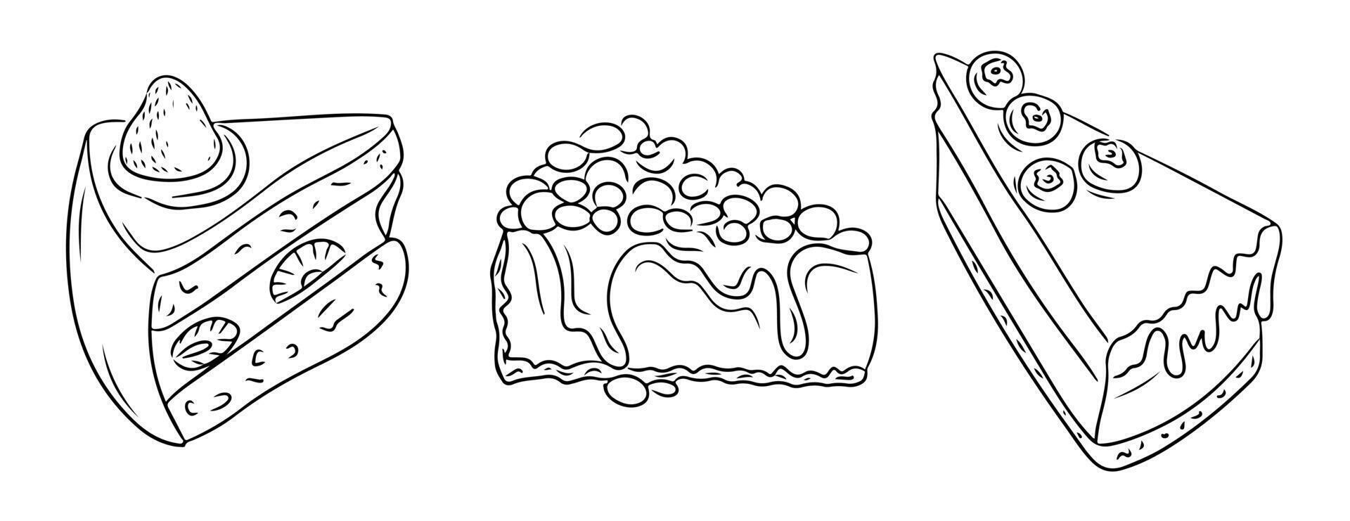 Hand drawn line art illustrations of three different cake slices with intricate details, including fruits and drizzled toppings, outlined in black and white, perfect for coloring designs vector