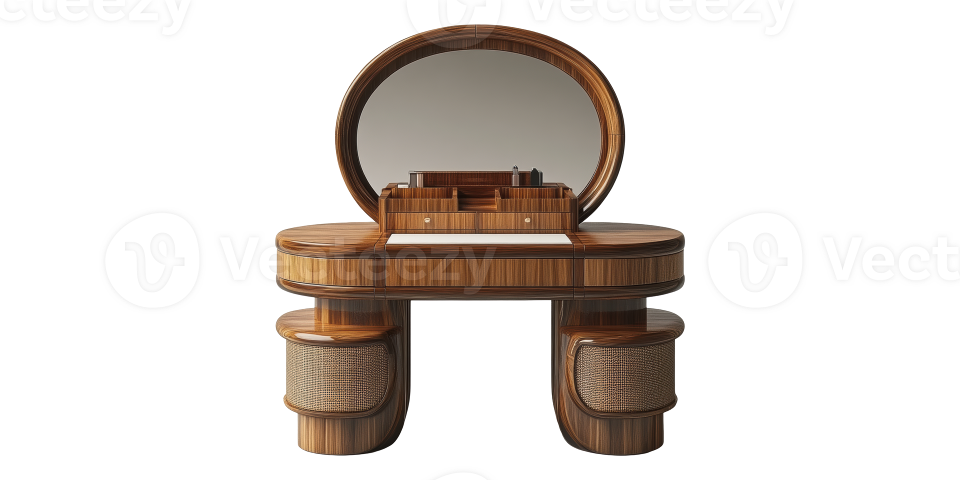 Wooden vanity table with round mirror isolated on transparent background png