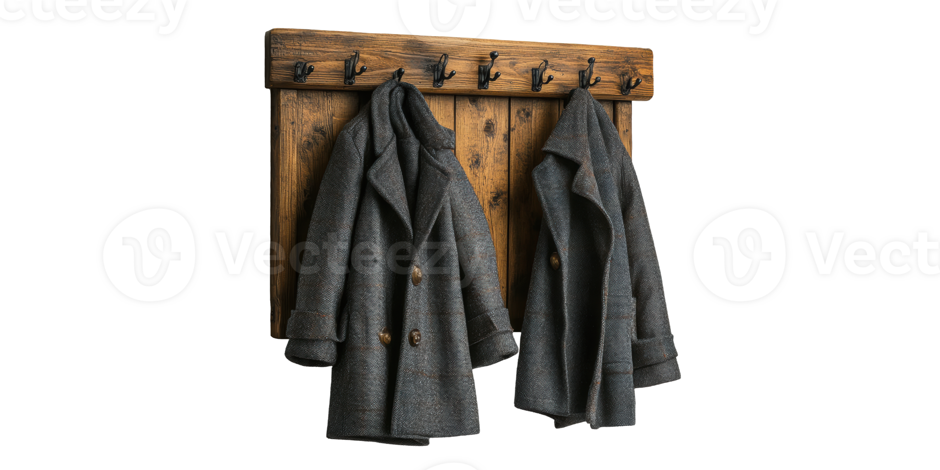 Two gray coats hanging on wooden coat rack isolated on transparent background png