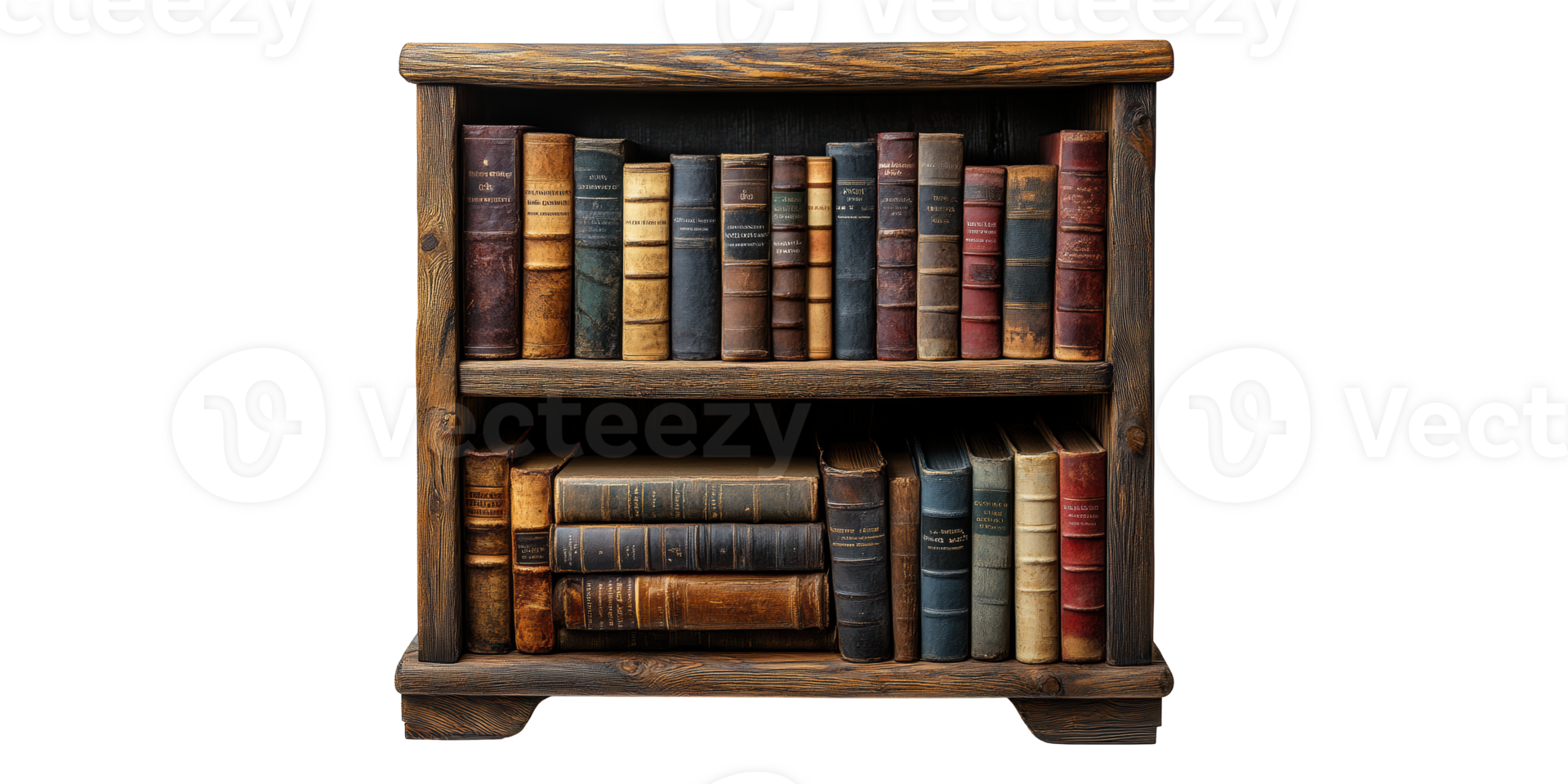 Vintage bookshelf filled with leather-bound books isolated on transparent background png