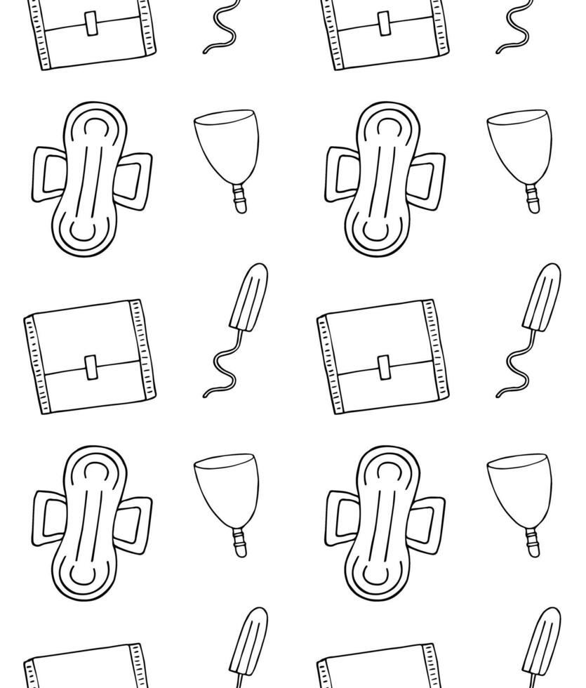 Seamless pattern of different doodle sketch menstrual pad tampon and cup isolated on white background vector