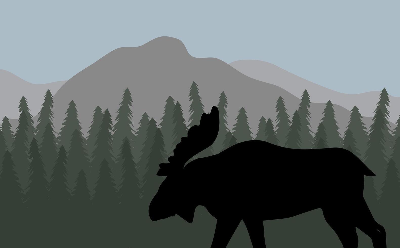 Moose silhouette in flat colored landscape with spruce tree forest vector