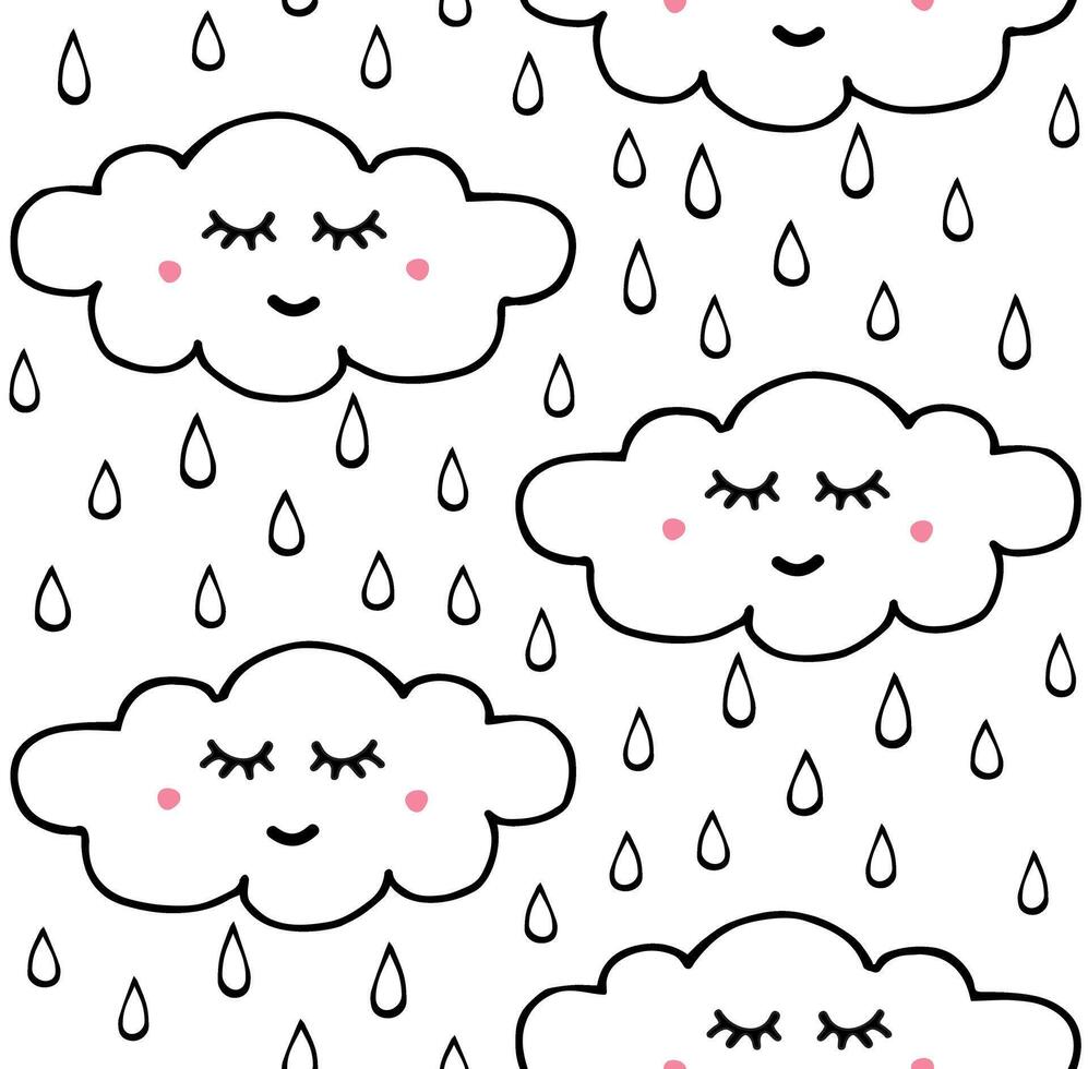 Seamless pattern of white hand drawn doodle sketch raining clouds vector