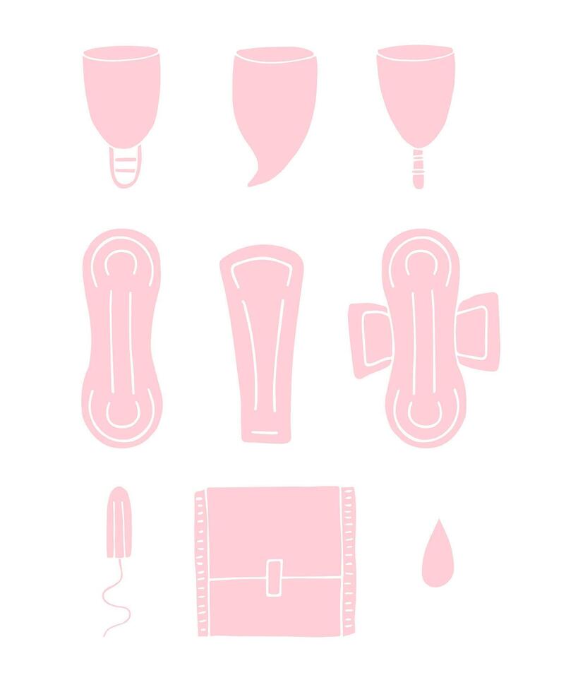 Set bundle of doodle sketch menstrual pad tampon and cup isolated on white background vector