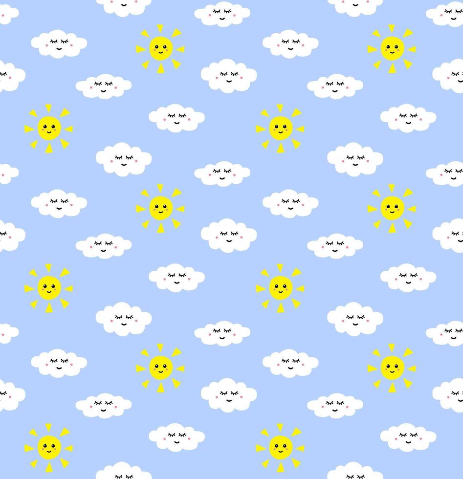 Seamless pattern of hand drawn clouds and sun with face vector
