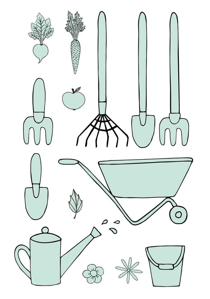 Bundle of hand drawn doodle sketch gardening equipment isolated on white background vector