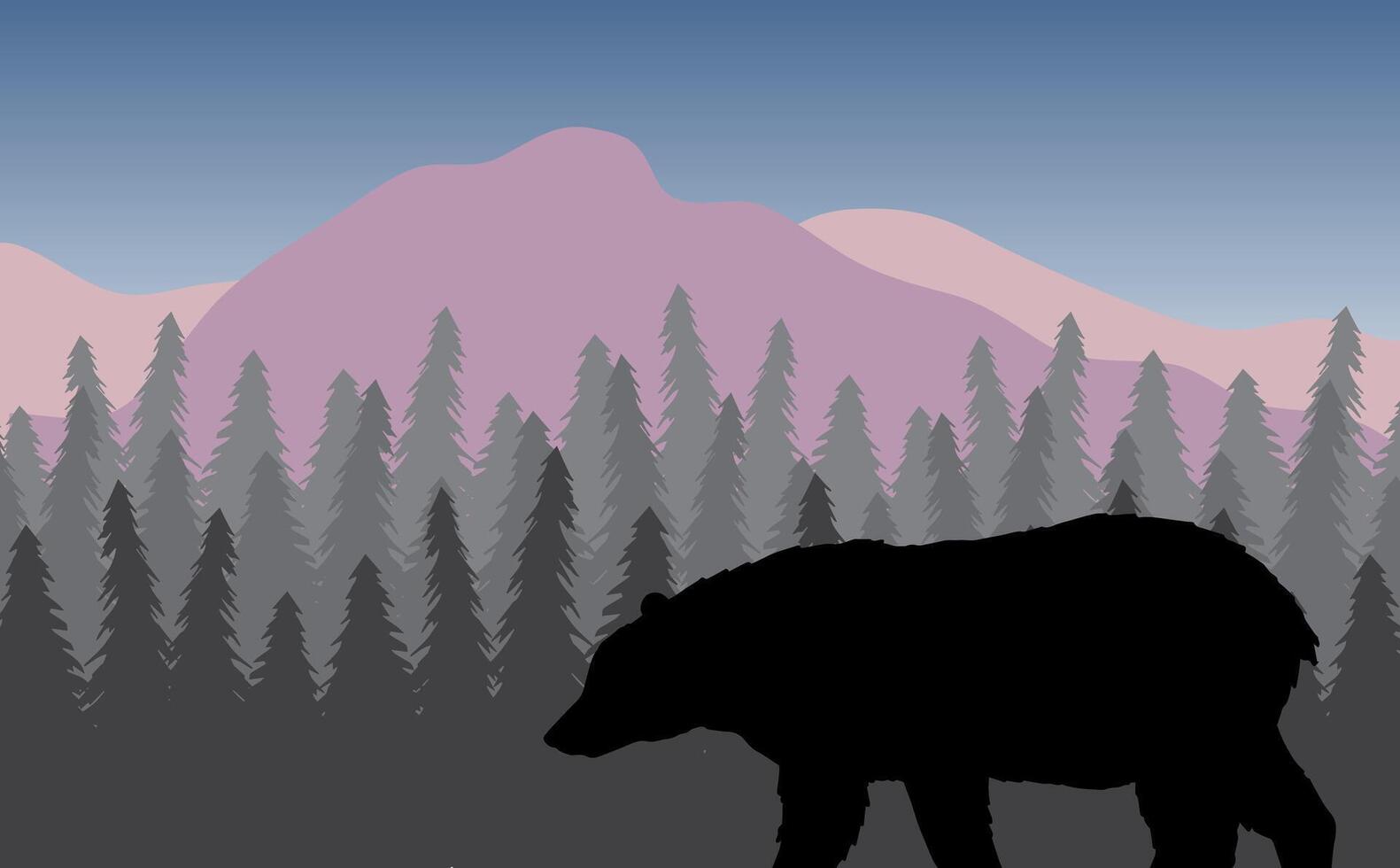 Grizzly bear silhouette in flat colored landscape with spruce tree forest and mountains vector