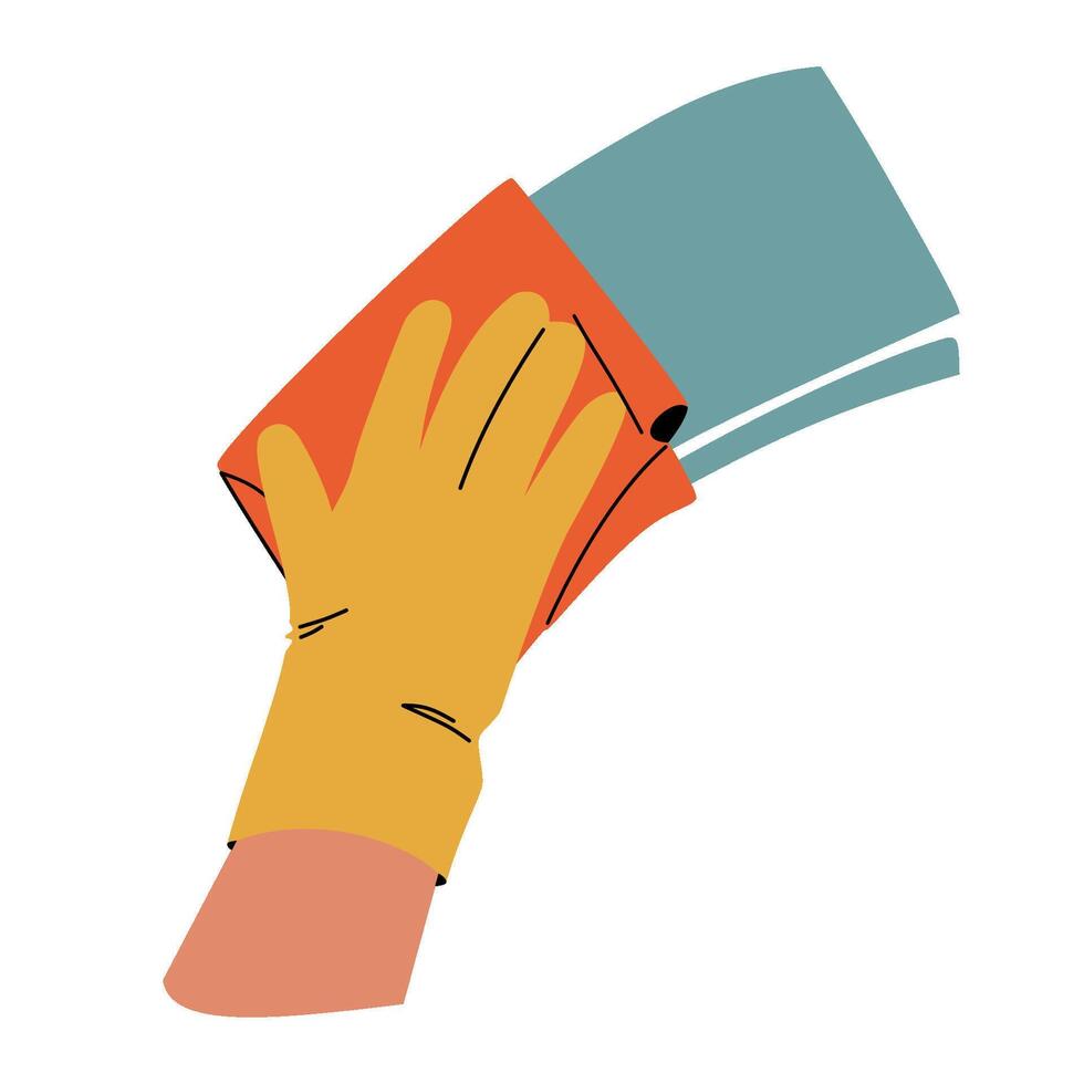 A hand wearing a bright yellow glove wipes the dust. vector