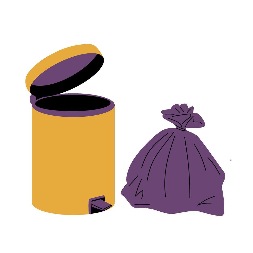 A yellow trash can stands next to a purple trash bag. Waste disposal. vector