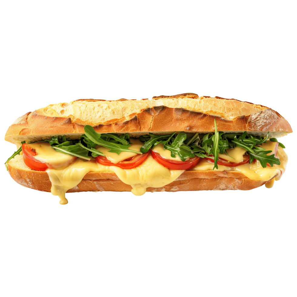 Delicious Baguette Sandwich with Melted Cheese, Tomatoes png