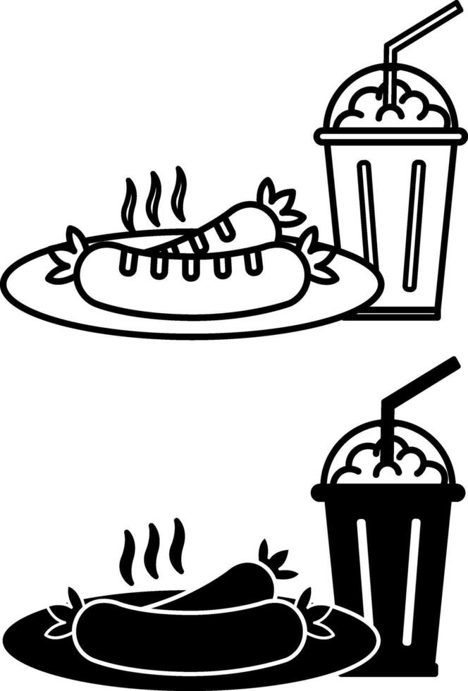 Meal Icons. Black and White Icons. Dish, Food. Hot Sausages on a Plate and Milkshake with Straw. Restaurant Concept vector