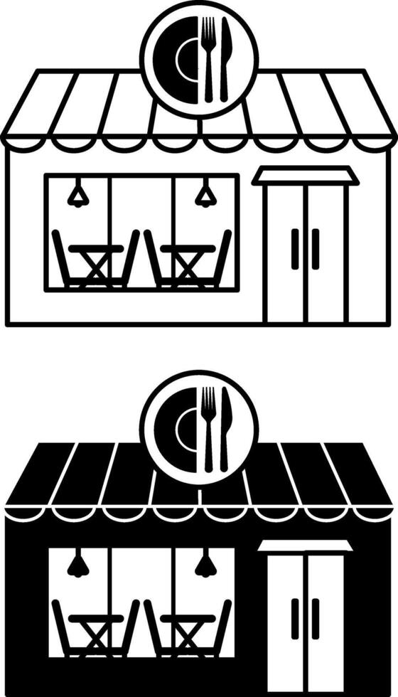 Restaurant Icons. Black and White Icons. Building with Food, Snack Bar. Catering Establishment with a Wide Range of Different Dishes vector