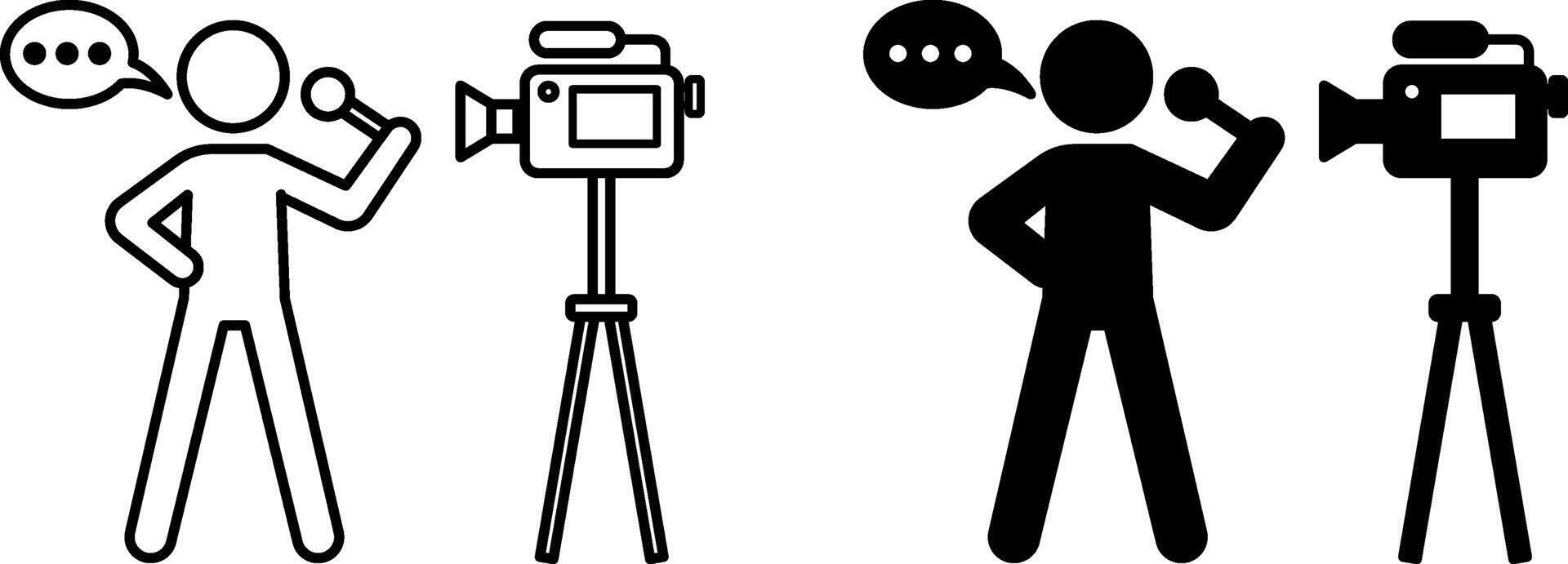 Reporter Icons. Black and White Icons. Live Report. Journalist with Microphone Telling Latest News to Camera. Journalism Concept vector