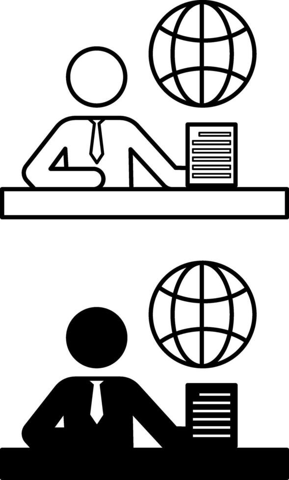 Journalism Icons. Black and White Icons. Journalist Telling News. Man with Tie Sitting at Table and Holding News Sheet. Radio and TV journalism vector