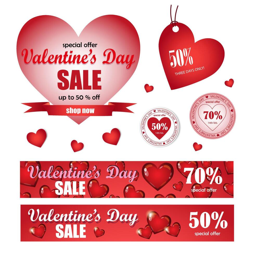 Valentine's Day sale, discount banner. Set with bale tags. Discount for couples vector