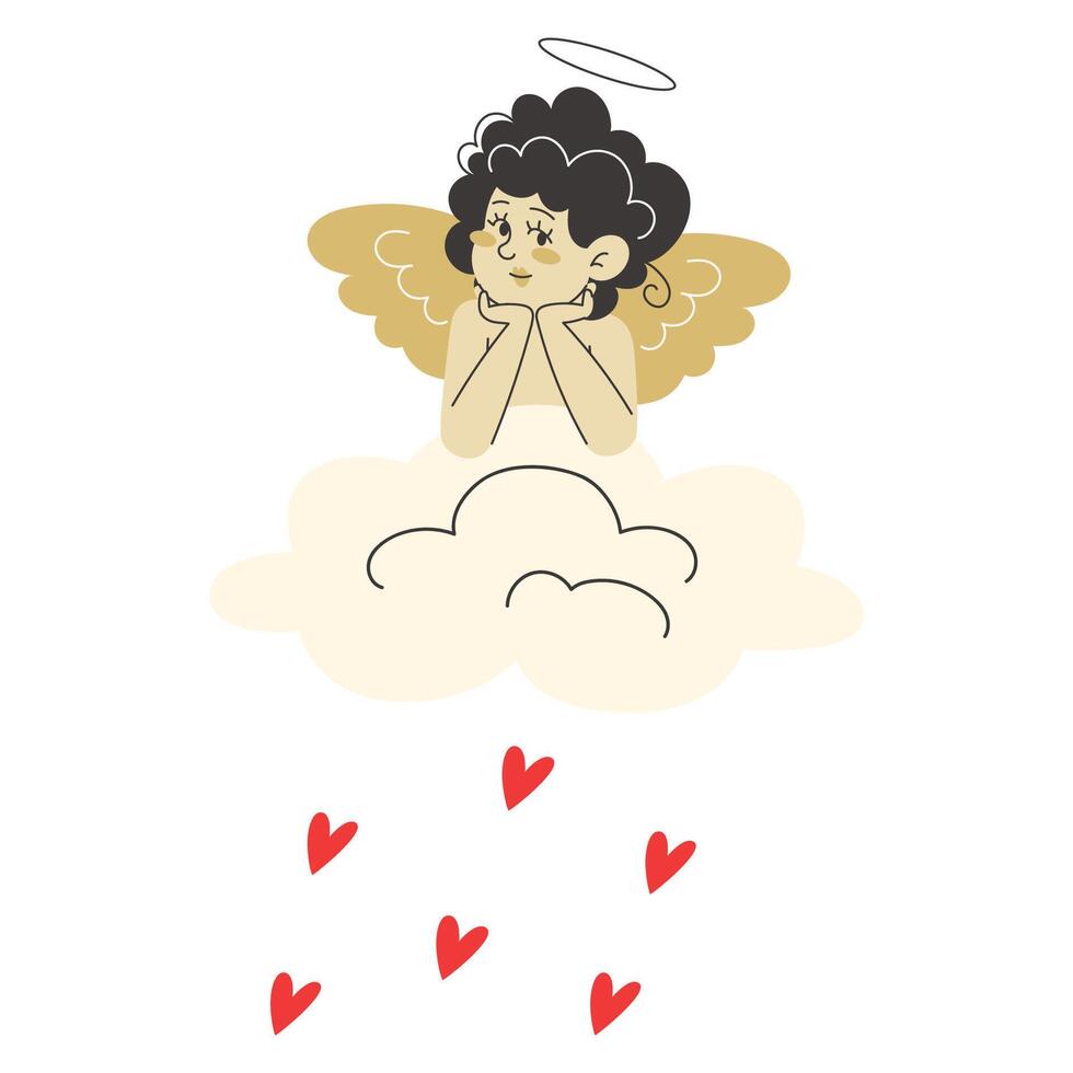 Cupid sits on a cloud, from which a magical rain of red hearts falls, creating an atmosphere of love and romance vector
