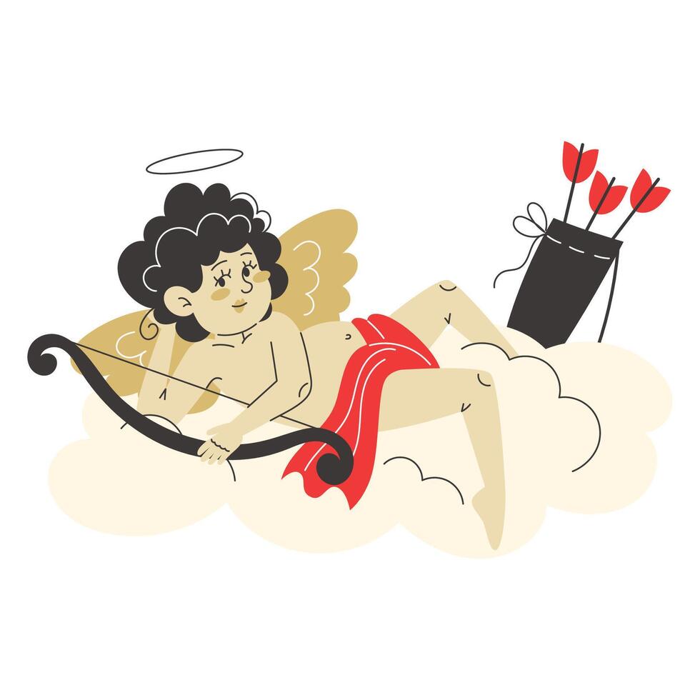 Cupid rests on a fluffy cloud, holding his bow and love arrows, ready to spread affection on Valentine's Day vector