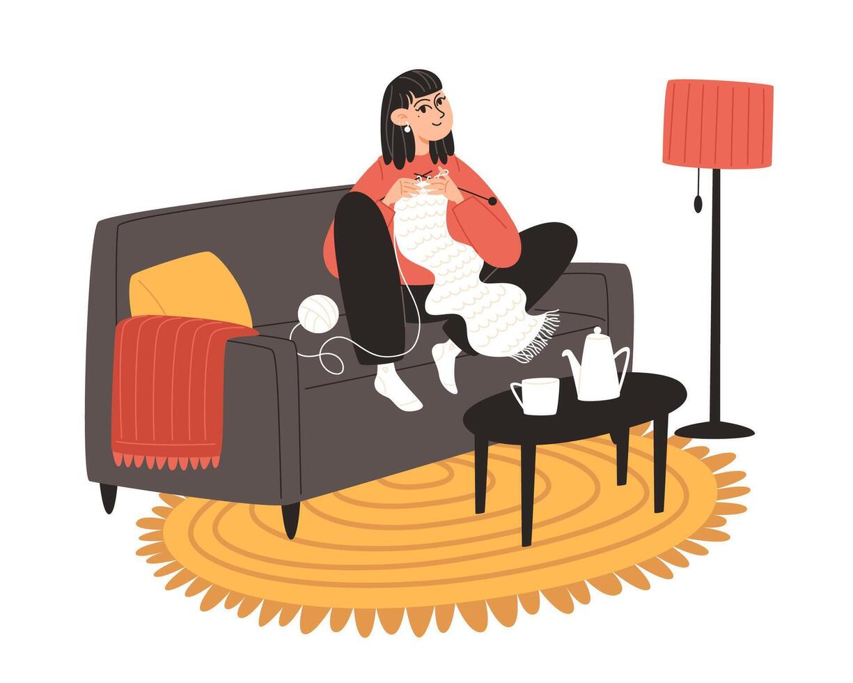 Cozy evening at home. A young woman are knitting a scarf and enjoying her hobby vector