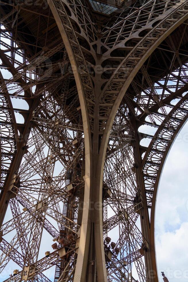 Close-up View of the Intricate Metal Structure of the Eiffel Tower Underneath the Parisian Sky photo