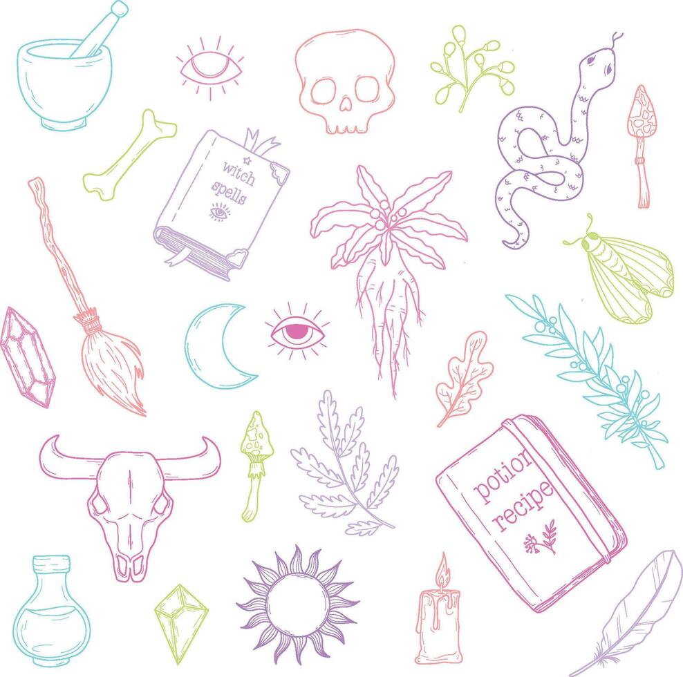 Mystical witchcraft outline clip art set vector