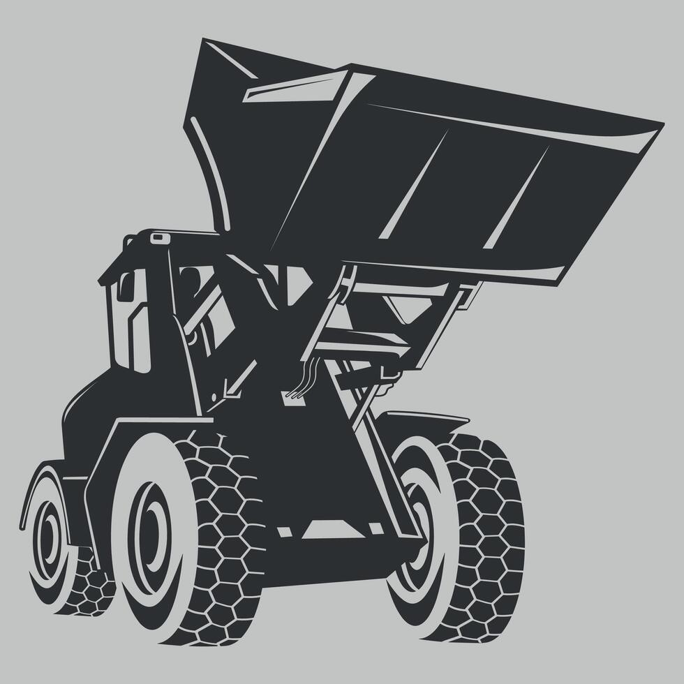black and white icon of a bulldozer with a bucket on a white background vector