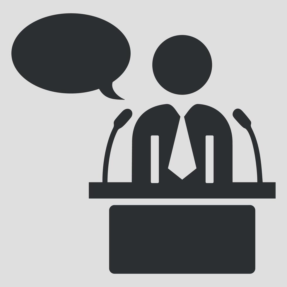 black and white icon of a person speaking at a podium on a white background vector