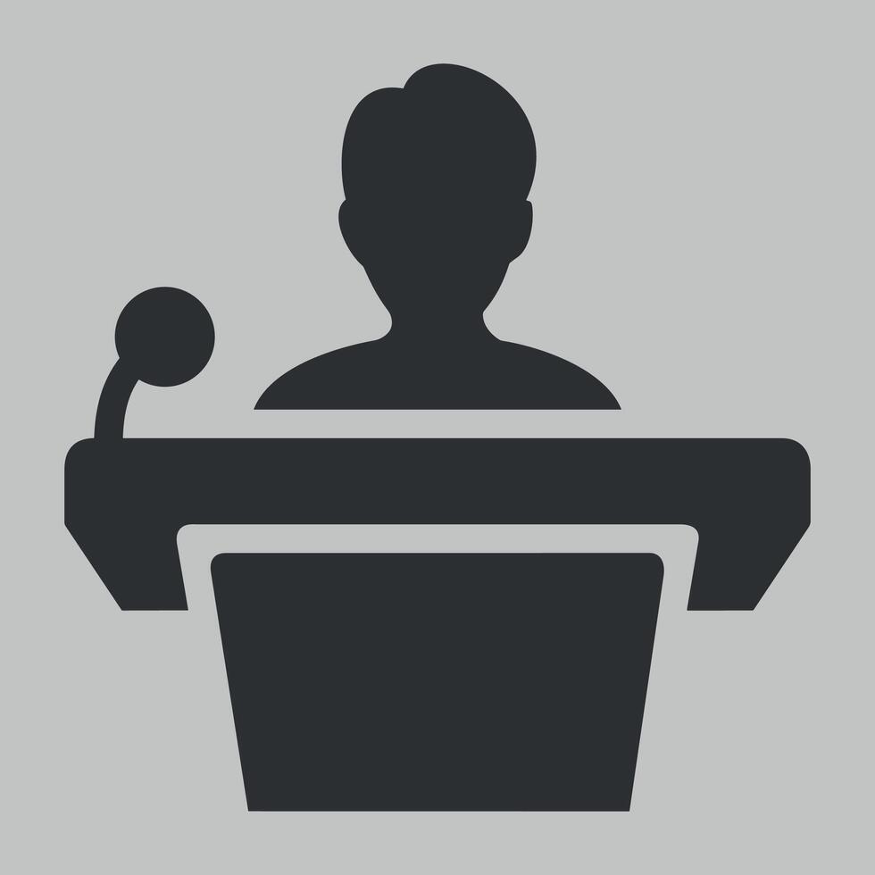black and white icon of a person speaking at a podium isolated on a white background vector