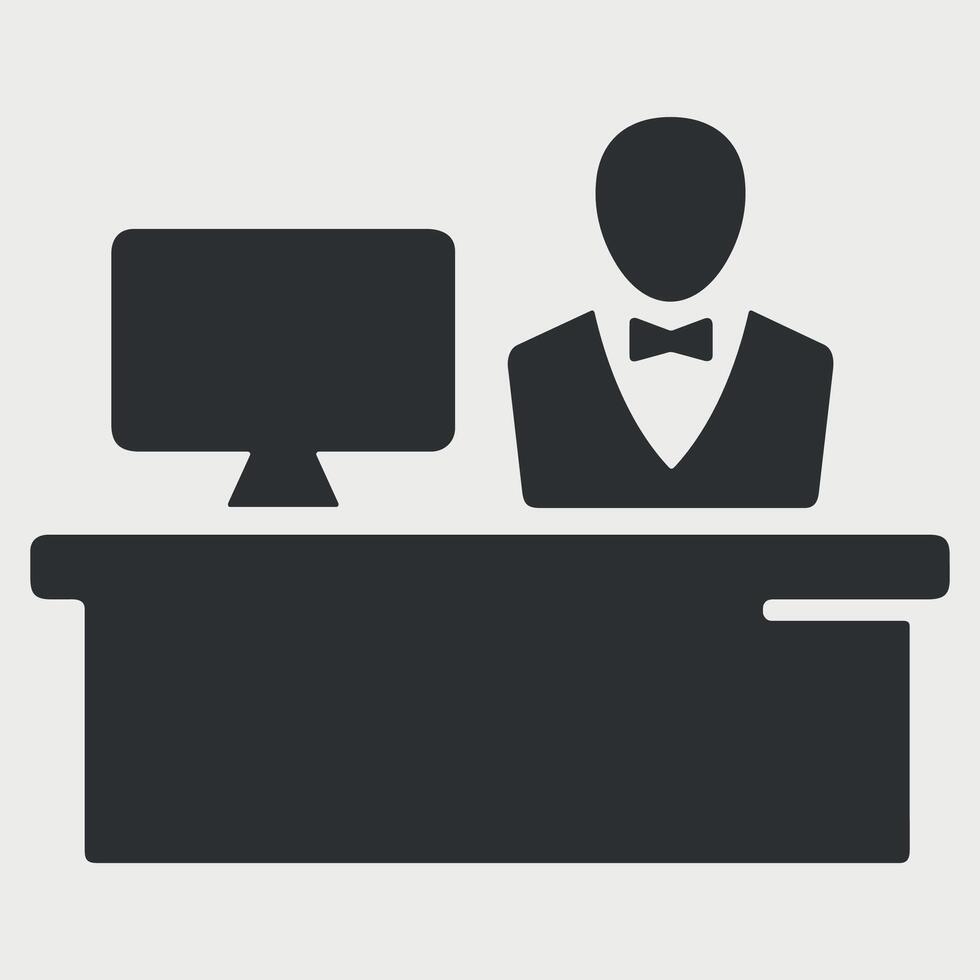 black and white icon sign of a person at the reception desk on a white background vector