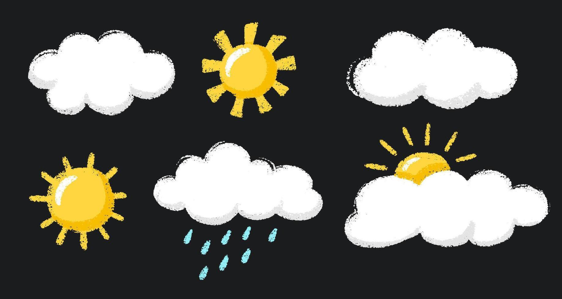 Crayon Chalk Sun Cloud Rain Illustration, Weather Sketch Drawing Style Elements. vector