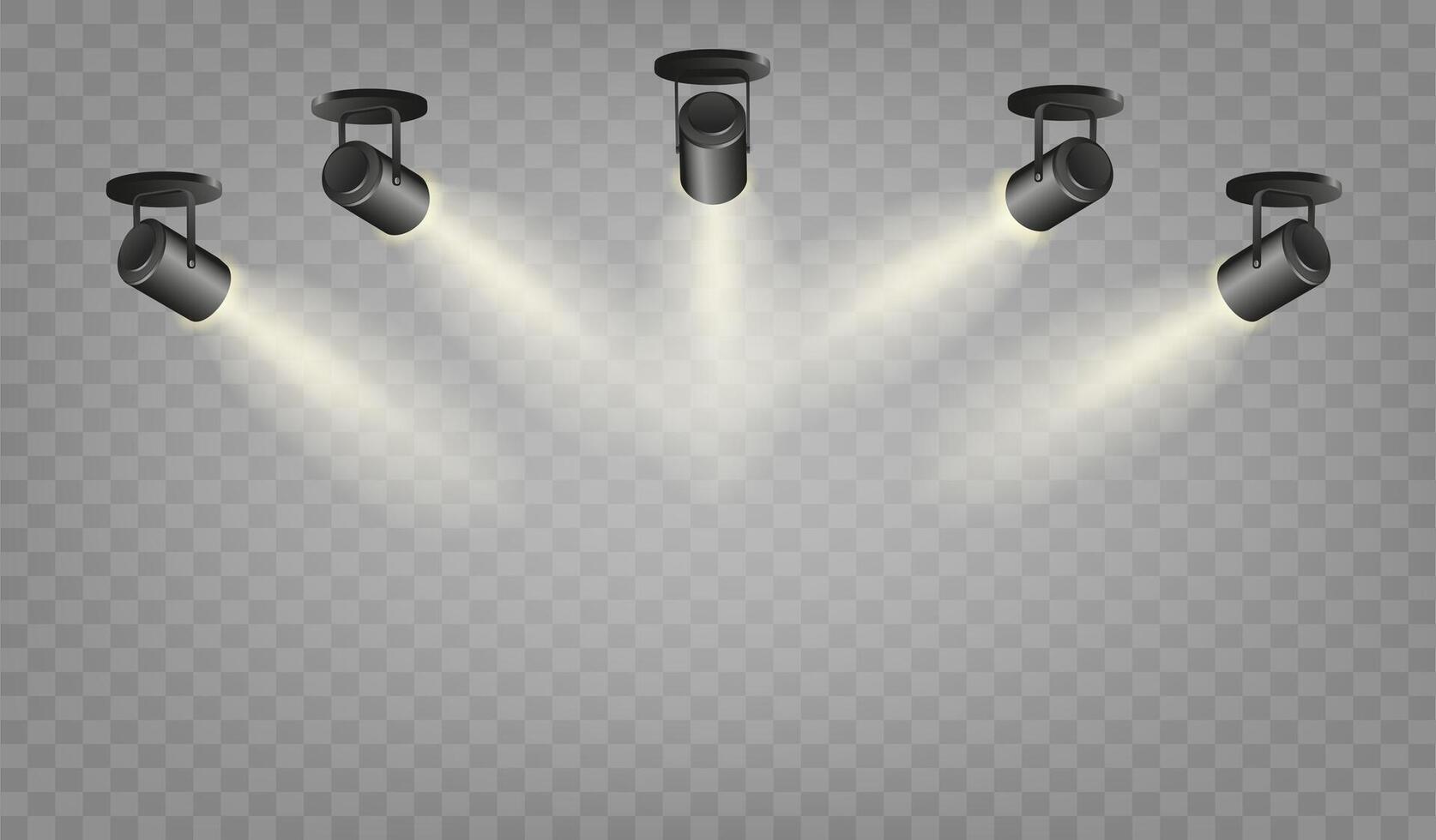 Spotlights set, stage and studio light, realistic hanging lamps. Spot lights and searchlights for concert. vector