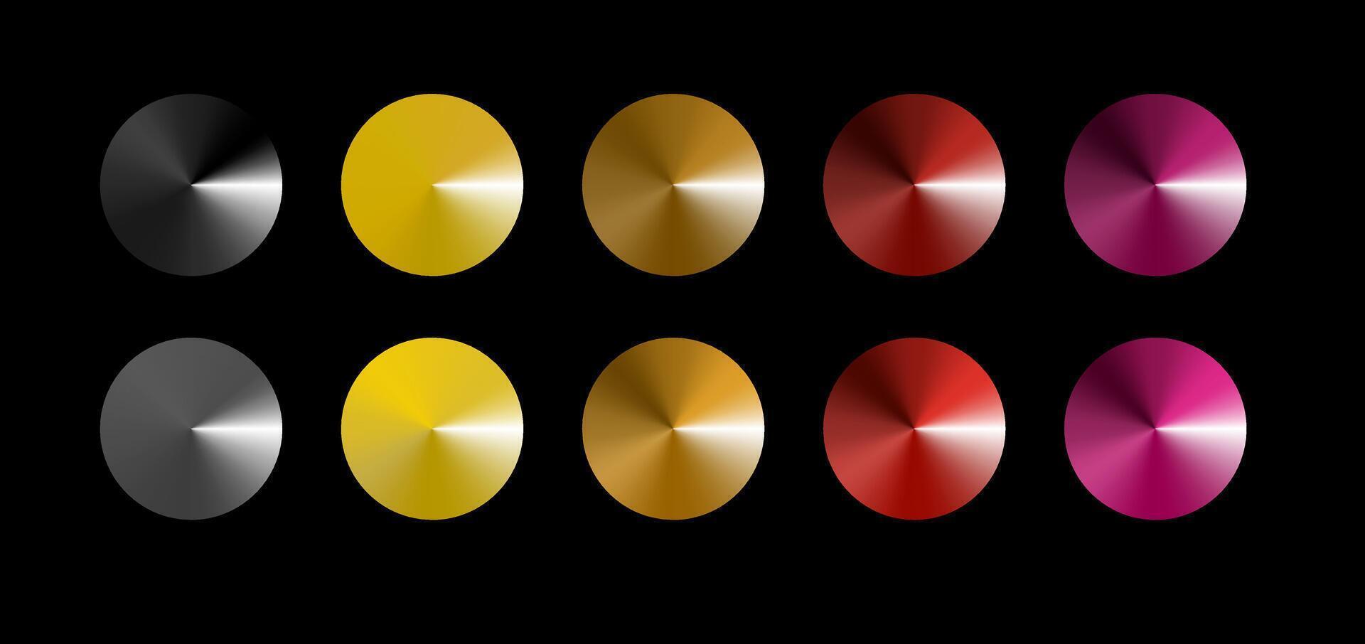 Metal gradient. Multi colored radial gradient set. Collection of shiny foil in rainbow colors palette. vector