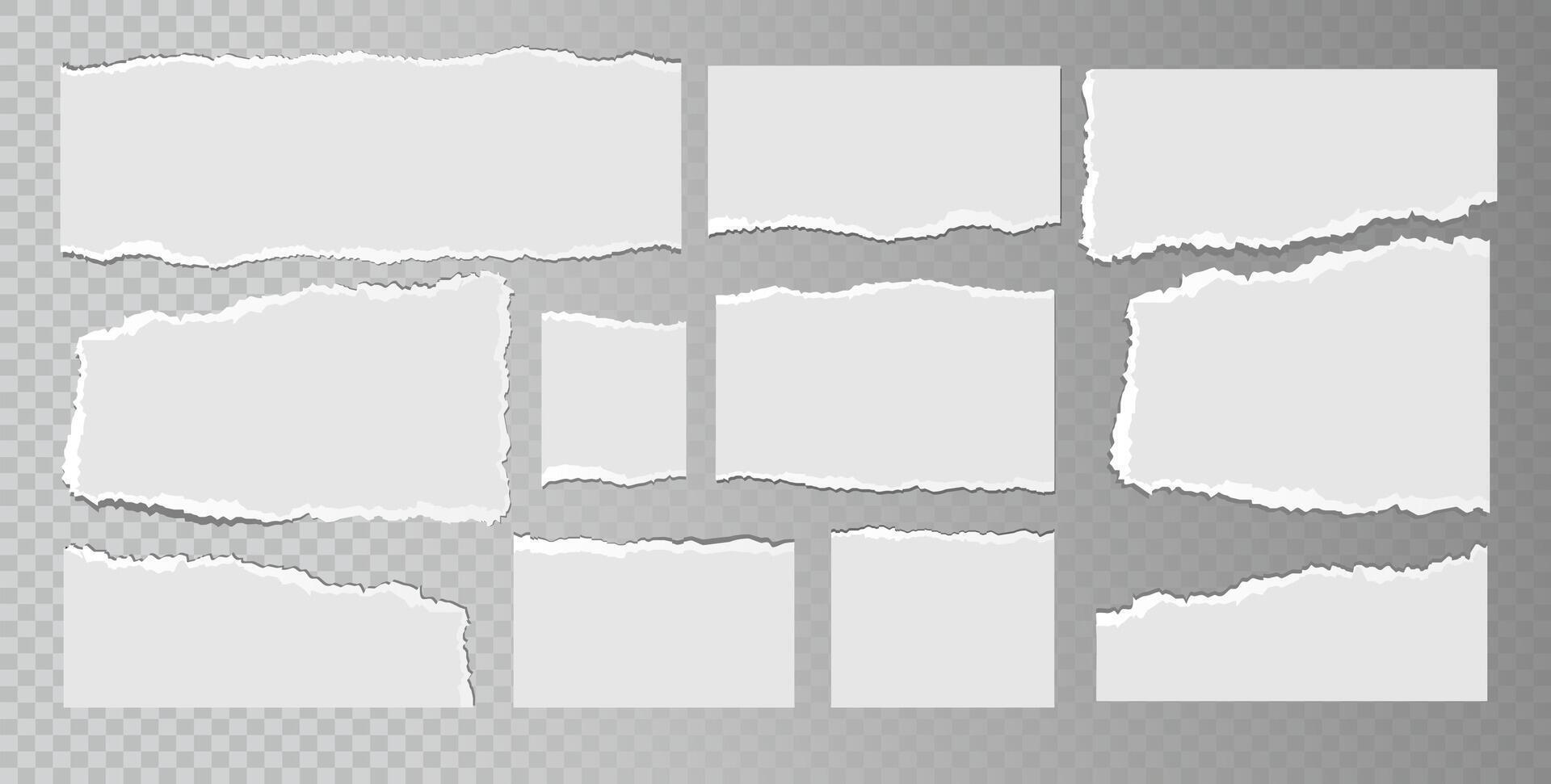 Realistic ripped white paper sheets isolated on transparent background. Torn blank pages with uneven texture. vector