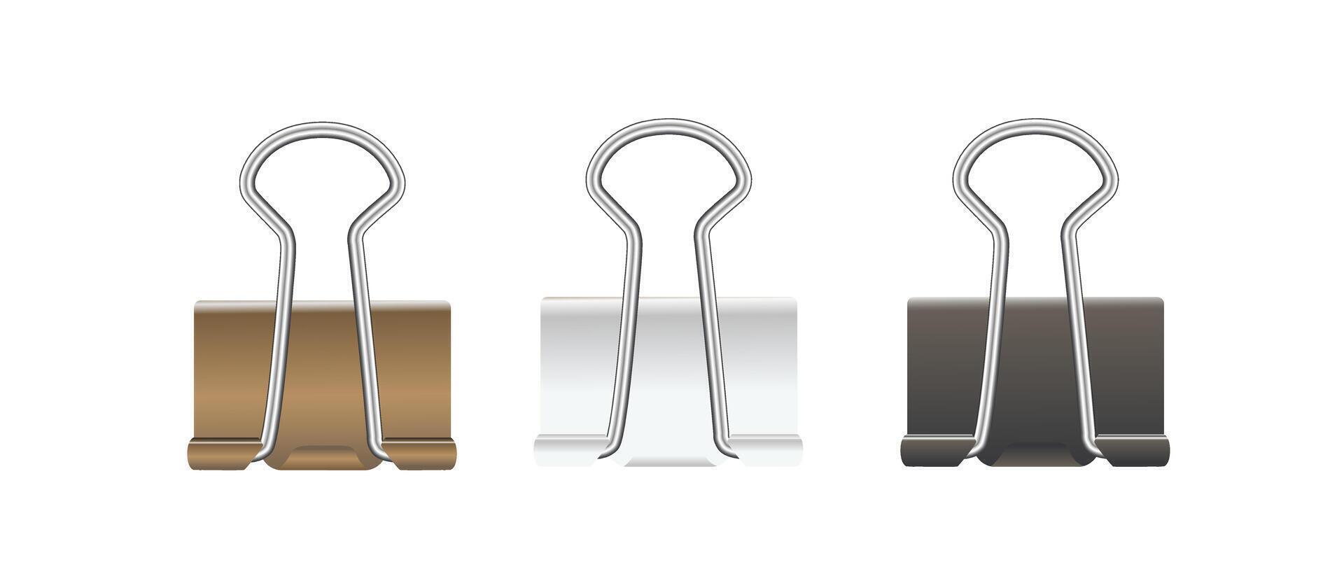 Realistic paper clips. Black white gold silver binder clip, paper holder. vector