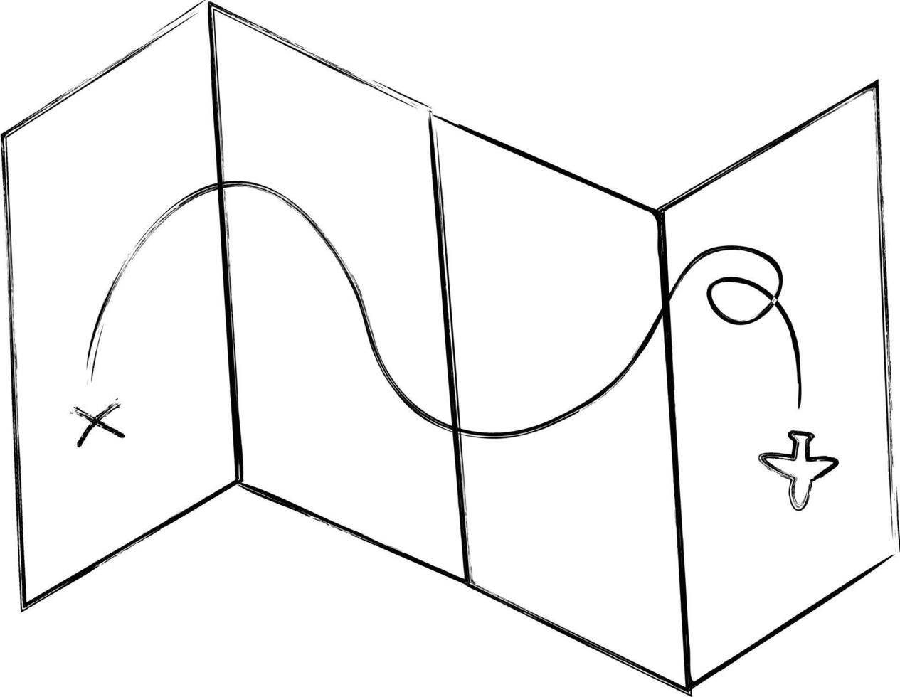 A black and white hand-drawn sketch of a folded map featuring an airplane curved route from start to destination, representing travel planning and exploration. vector