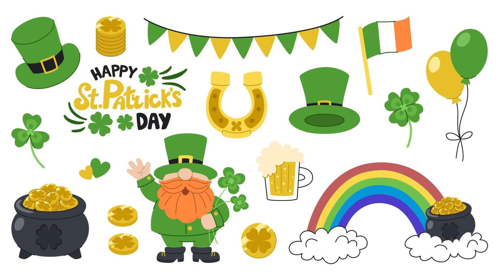St. Patrick's Day cartoon set. A collection of elements for an Irish holiday. Leprechaun, rainbow, pots of gold, clover and other traditional holiday elements. vector