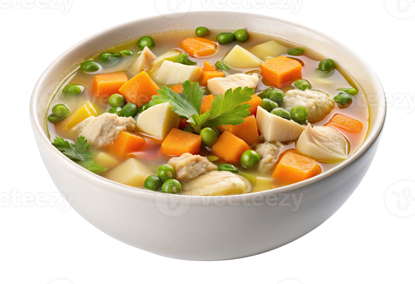 A bowl of soup with vegetables and chicken png