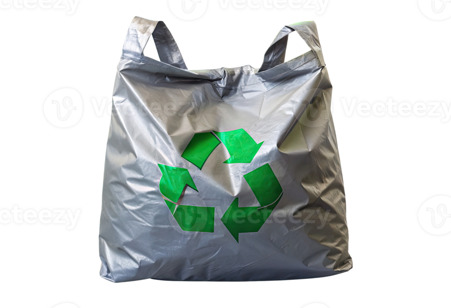 A silver shopping bag with a green recycling symbol png
