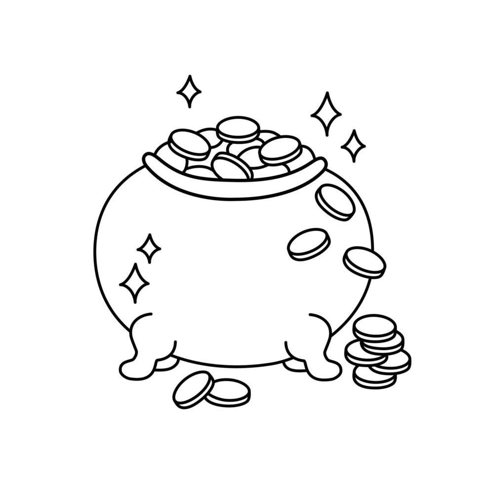 Pot of gold isolated. Leprechauns pot full of coins. St Patricks Day symbol. doodle illustration. Irish holiday folklore object. Patricks Day March 17 design element vector