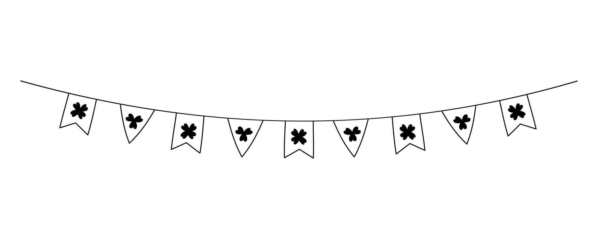 Saint Patricks Day flag banners with shamrocks illustration. Isolated festive hanging flags party decoration. Cute design elements for Patricks Day March 17 celebration. vector