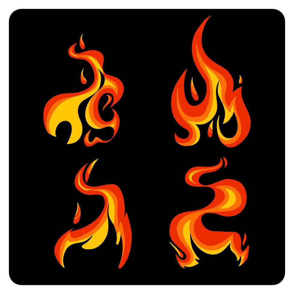 Set of burning fire flames with background black vector