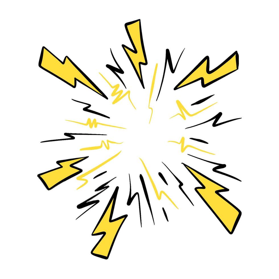 Doodle Sun burst sketch illustration with lightnings and flashings vector